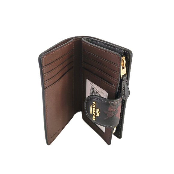 Coach CCR20 Medium Corner Zip Floral Print Bifold Wallet Pebbled Leather Wine - Picture 6 of 7